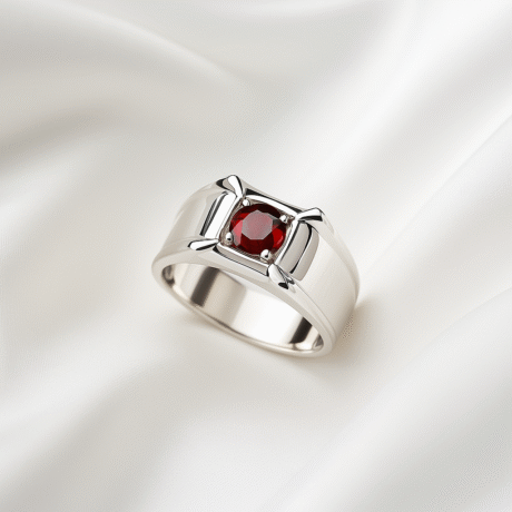 Men Silver Ring With Red Garnet Stone